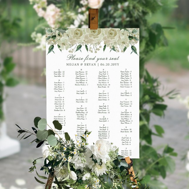 Affiche Élégant blanc floral simple Mariage carte de siège (Elegant, simple wedding seating plan, perfect for spring or summer.)