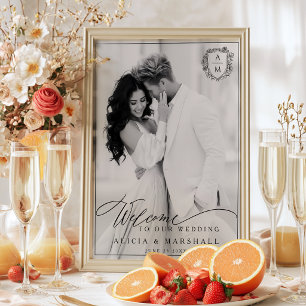 Affiche Élégant blason floral photo mariage de bienvenue