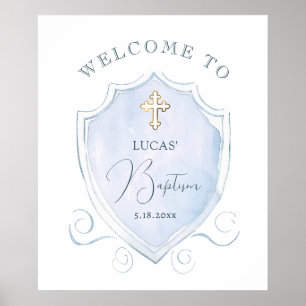 Affiche Elégant bleu Aquarelle Crest Baptism Bienvenue