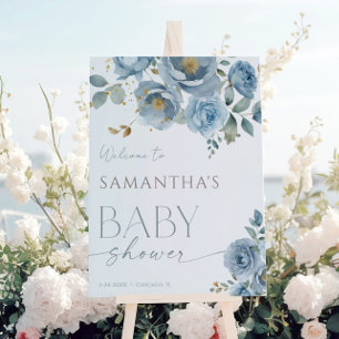 Affiche Elégant bleu Dusty baby shower à fleurs