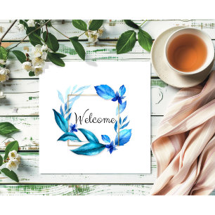 Affiche Elégant bleu floral "Welcome" aquarelle Art