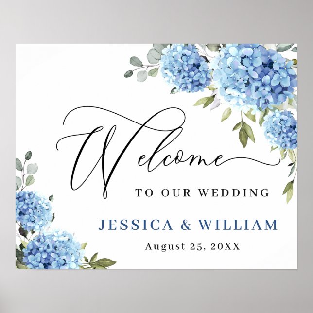 Affiche Elégant bleu Hydrangea Eucalyptus Mariage Bienvenu (Devant)