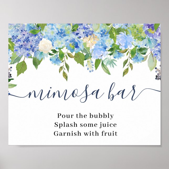 Affiche Élégant Bleu Hydrangea Mimosa Bar Mariage (Devant)