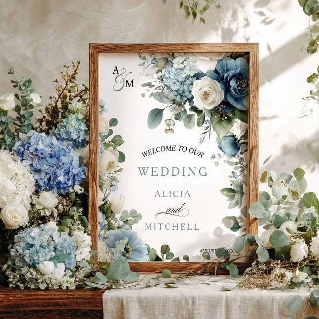 Affiche Elégant bleu Hydrangea Rose ivoire Mariage floral (Elegant Blue Hydrangea Ivory Rose Floral Wedding Poster)