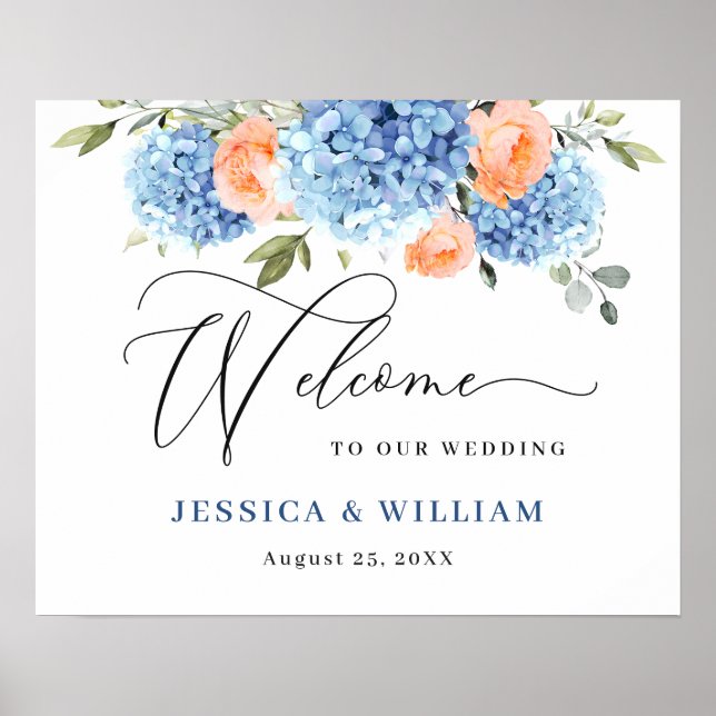 Affiche Élégant bleu Hydrangea rose Rose Mariage (Devant)