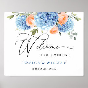 Affiche Élégant bleu Hydrangea rose Rose Mariage