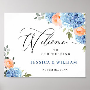 Affiche Élégant bleu Hydrangea rose Rose Mariage