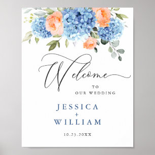 Affiche Élégant bleu Hydrangea rose Rose Mariage