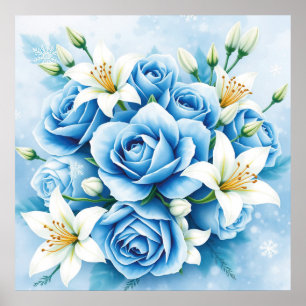 Affiche Elégant bleu Rose Floral Art Imprimer