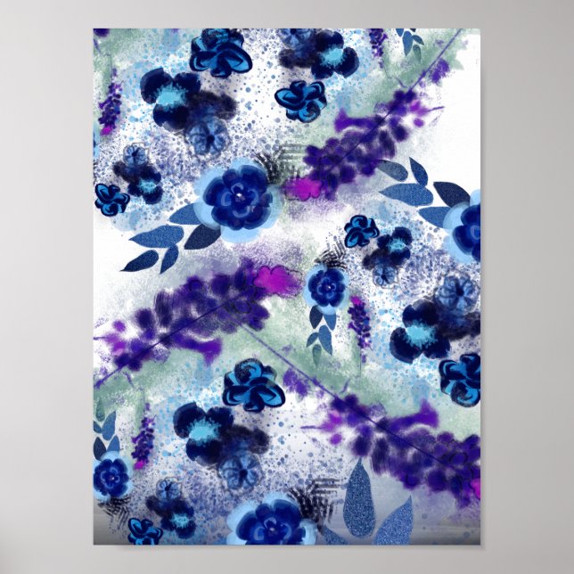 Affiche Elégant bleu violet Fleurs de peinture Motif (Devant)