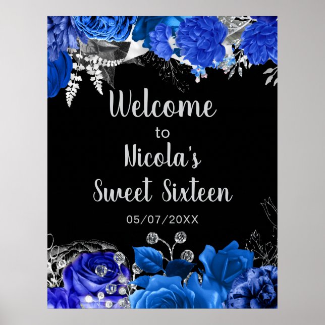 Affiche Elegant Blue and Silver Flowers Sweet Sixteen  (Devant)