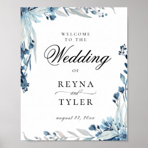 Affiche Elegant Blue Botanical Floral Wedding Welcome
