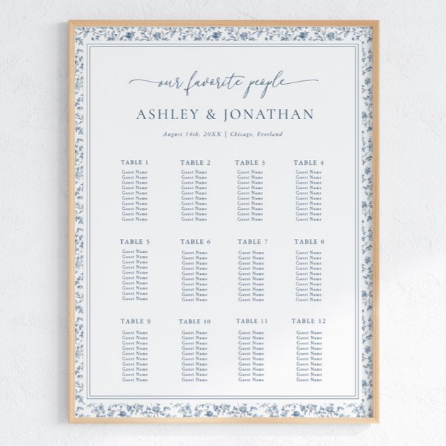 Affiche Elegant Blue Chinoiserie Wedding Seating Chart (Créateur téléchargé)