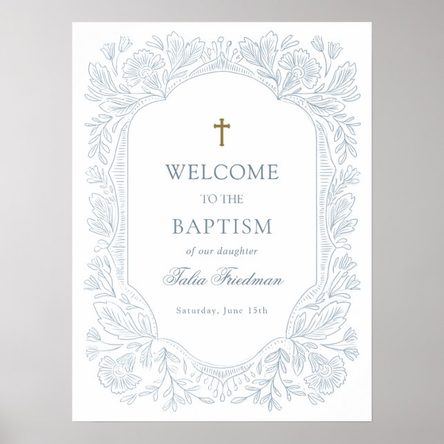 Affiche Elegant Blue Floral Baptism Welcome (Devant)