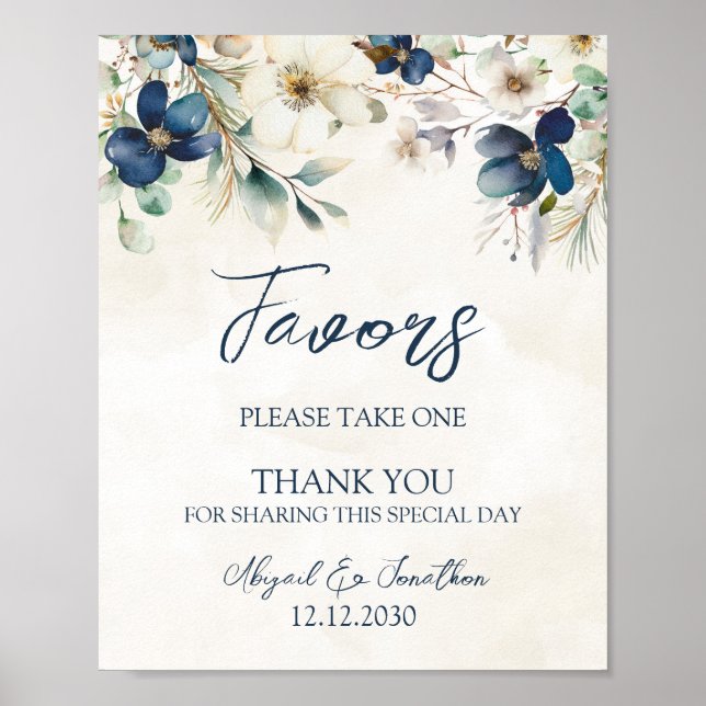 Affiche Elegant Blue Floral Winter Wedding Favors Sign (Devant)