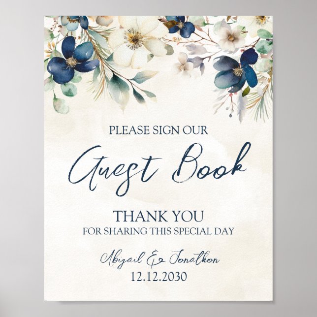 Affiche Elegant Blue Floral Winter Wedding Guest Book Sign (Devant)