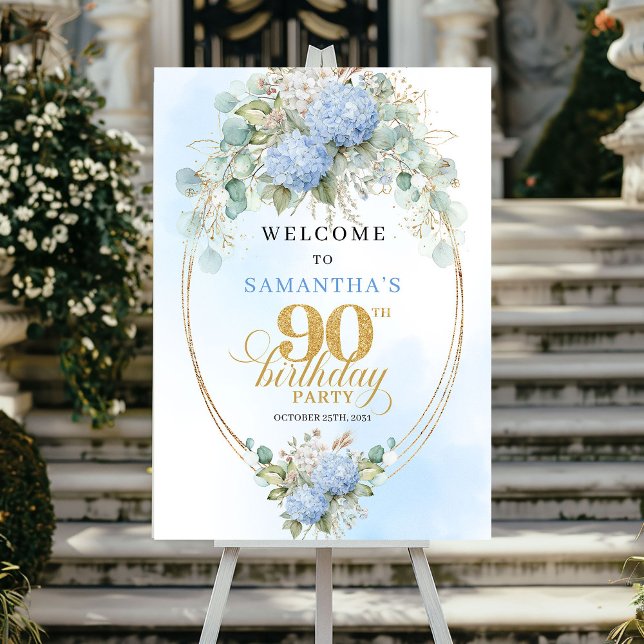Affiche Elegant Blue Flowers Gold 90th birthday welcome (Elegant Blue Flowers Gold 90th birthday welcome)