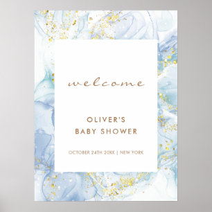 Affiche Elégant Blue Gold Agate Boy Baby shower Bienvenue