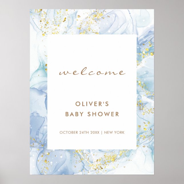 Affiche Elégant Blue Gold Agate Boy Baby shower Bienvenue (Devant)