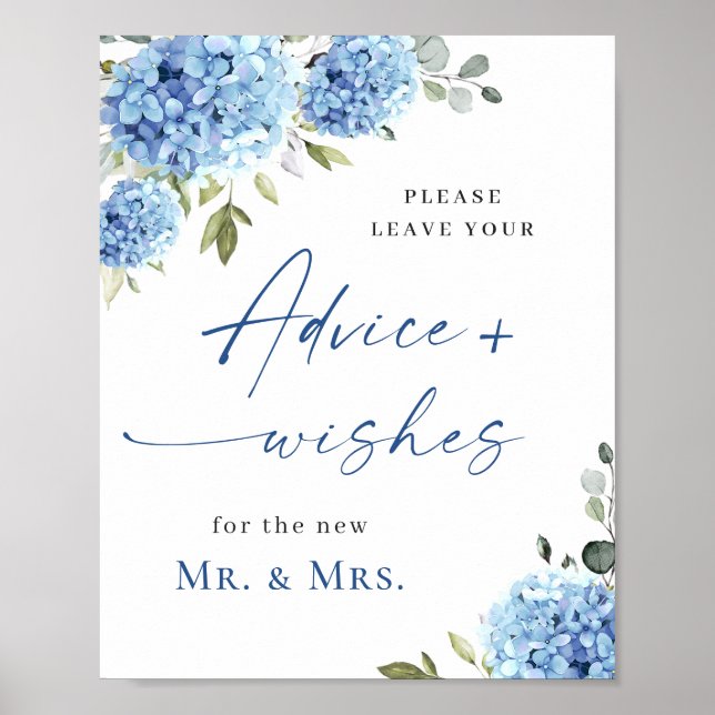 Affiche Elégant Blue Hydrangea Conseils et souhaits Mariag (Devant)