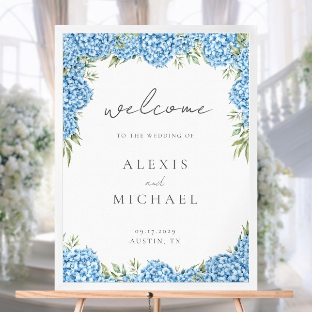 Affiche Elégant Blue Hydrangea Floral Mariage Bienvenue (Créateur téléchargé)