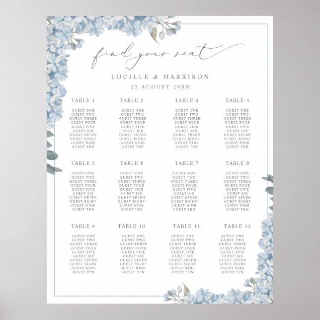 Affiche Elégant Blue Hydrangeas Mariage Plan de siège (Devant)