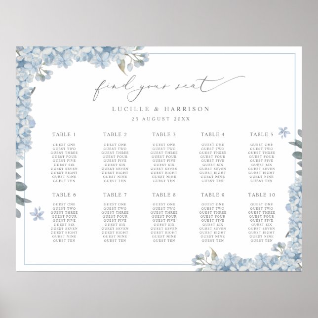 Affiche Elégant Blue Hydrangeas Mariage Plan de siège (Devant)