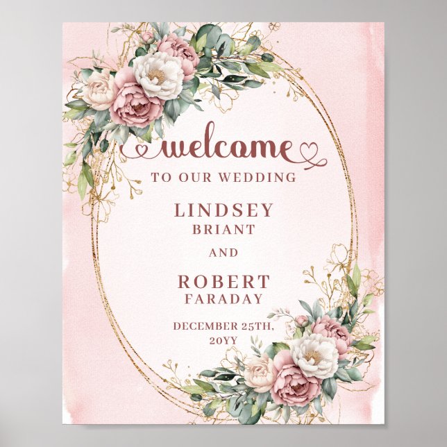 Affiche Elegant Blush Pink Floral Eucalyptus Gold Welcome  (Devant)