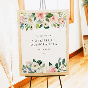 Affiche Elégant Blush rose Floral Quinceañera Bienvenue