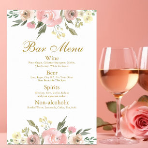 Affiche Elégant Blush Rose Gold Floral Mariage Bar Menu