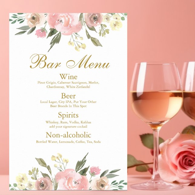 Affiche Elégant Blush Rose Gold Floral Mariage Bar Menu (Créateur téléchargé)
