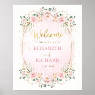 Affiche Elégant Blush Rose or Mariage Floral Bienvenue