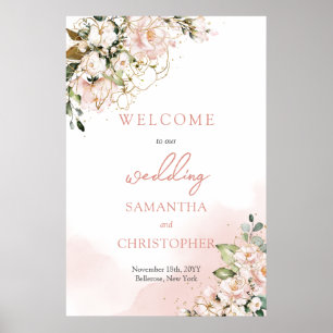Affiche Elégant boho aquarelle douce rose mariage accueil