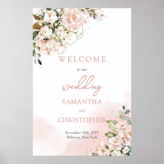 Affiche Elégant boho aquarelle douce rose mariage accueil (Devant)