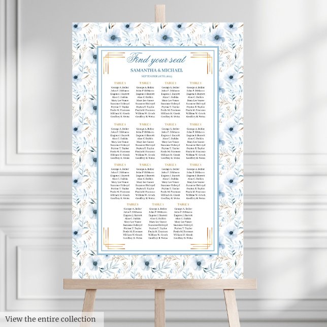 Affiche Elégant Boho Dusty Blue Gold Parties scintillant d (Elegant Boho Dusty Blue Gold Glitter Seating Chart)