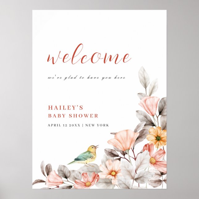 Affiche Elegant Boho Fleur sauvage Baby shower Bienvenue (Devant)