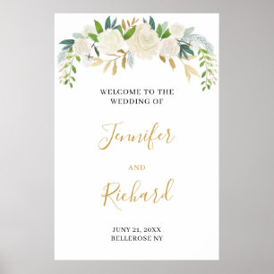 Affiche Elégant boho ivoire fleuri or mariage accueil