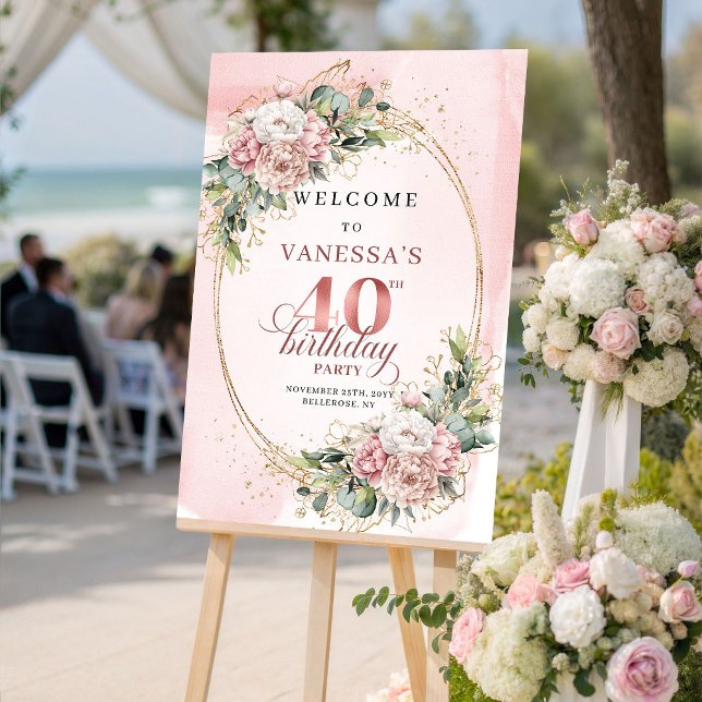 Affiche Élégant Boho Rose Pâle Verdure 40e Anniversaire  (Elegant Boho Blush Pink Greenery 40th Birthday Welcome)