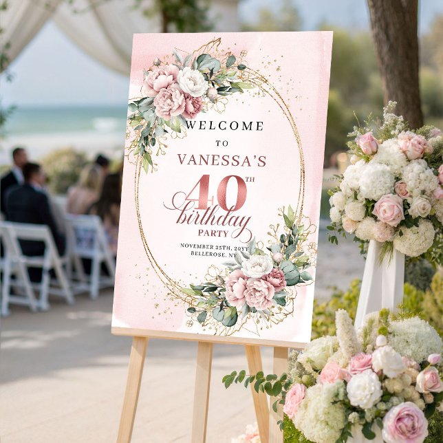 Affiche Élégant Boho Rose Poussiéreuse Vert Foncé 40e Anni (Elegant Boho Dusty Pink Greenery 40th Birthday Welcome)