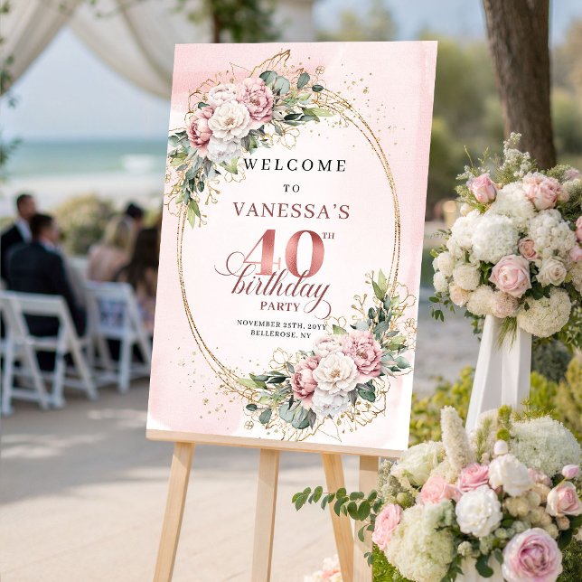 Affiche Elegant Boho Rose Tendue Florale 40e Anniversaire  (Elegant Boho Blush Pink Floral 40th Birthday Welcome)