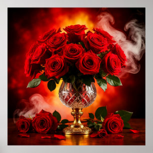Affiche Elégant Bouquet Roses rouges dans Vase en Verre Vi