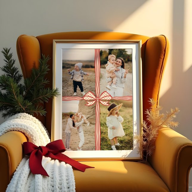 Affiche Elegant Bow & Ribbon Present Family Photo Collage (Elegant Red Bow & Ribbon Present Family Photo Collage Poster)