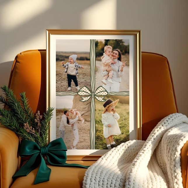 Affiche Elegant Bow & Ribbon Present Family Photo Collage (Elegant Green Bow & Ribbon Present Family Photo Collage Poster)