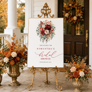 Affiche Élégant bridal shower automnal à fleurs bordeaux