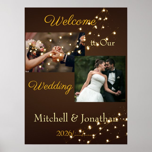 Affiche Elegant Brown & Gold String Lights Wedding  (Devant)
