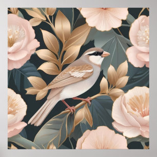 Affiche Élégant Bruant Dusty rose et or Floral
