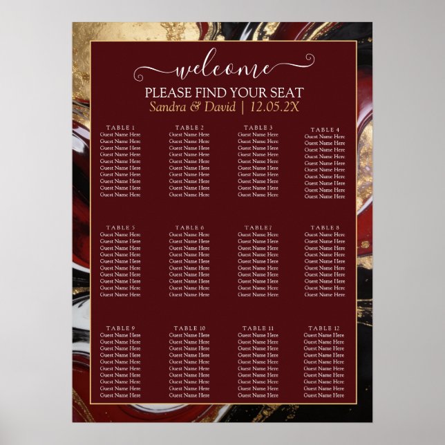 Affiche Elegant Burgundy and Gold Marble Wedding (Devant)