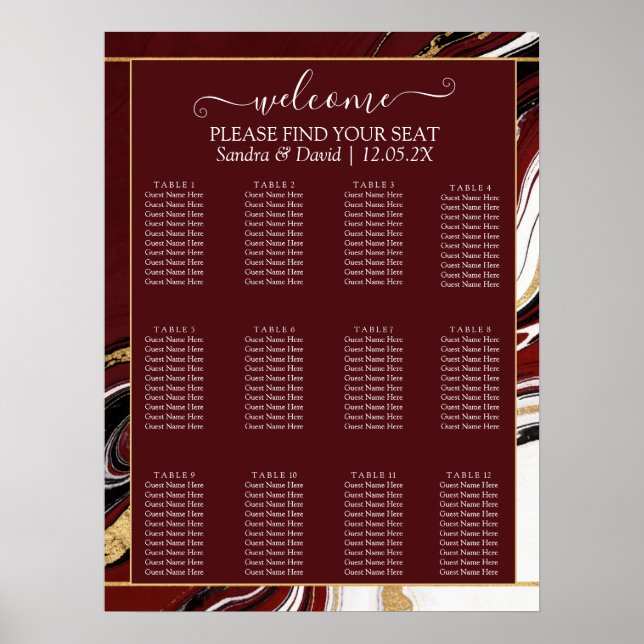 Affiche Elegant Burgundy and Gold Marble Wedding (Devant)