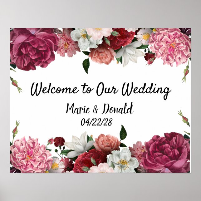 Affiche Elegant Burgundy and Pink Flowers Wedding Sign (Devant)