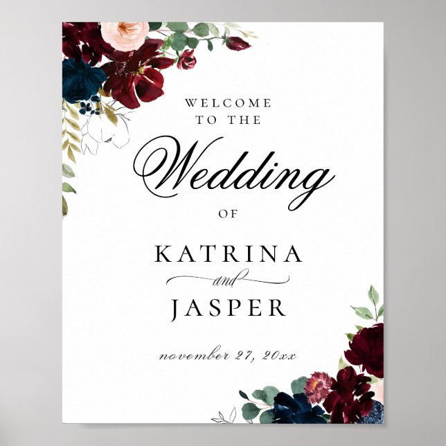 Affiche Elégant Burgundy Blush Navy Floral Mariage Bienven (Devant)
